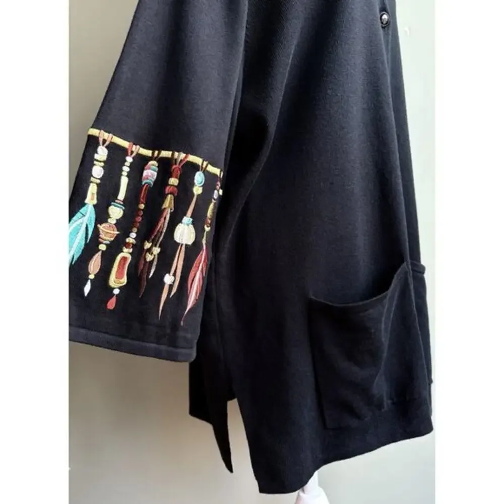 Bob Mackie Wearable Art Feather Embroidery Cardigan Sweater V-neck Black Plus 2X